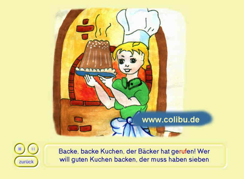Karaoke-Ansicht des Kinderliederbuchs beim Lied &bdquo;Backe, backe Kuchen&ldquo;