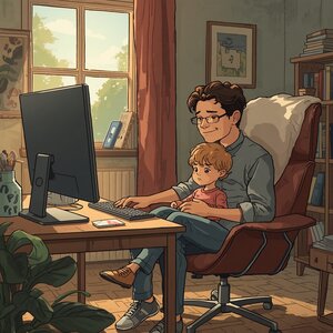 Junger Vater sitzt mit seinem Kind am Computer